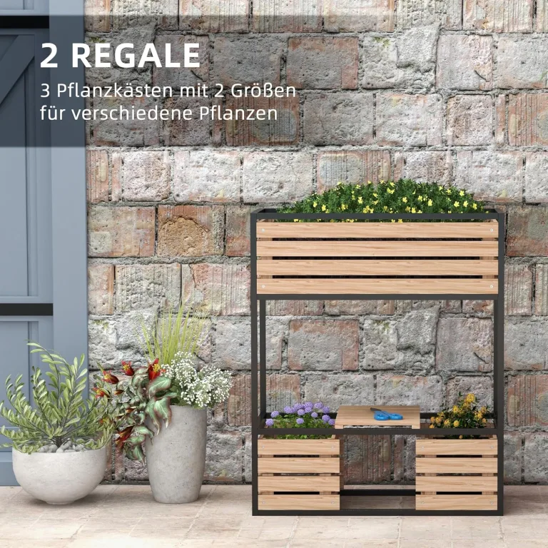 Outsunny Hochbeet aus Holz, 2-Stufiger Blumenkasten mit Ablage, Erhöhtes Gemüsebeet mit Innenvlies, Kräuterbeet für Garten, Balkon, Hellbraun, 83 x 39 x 100 cm – Bild 4