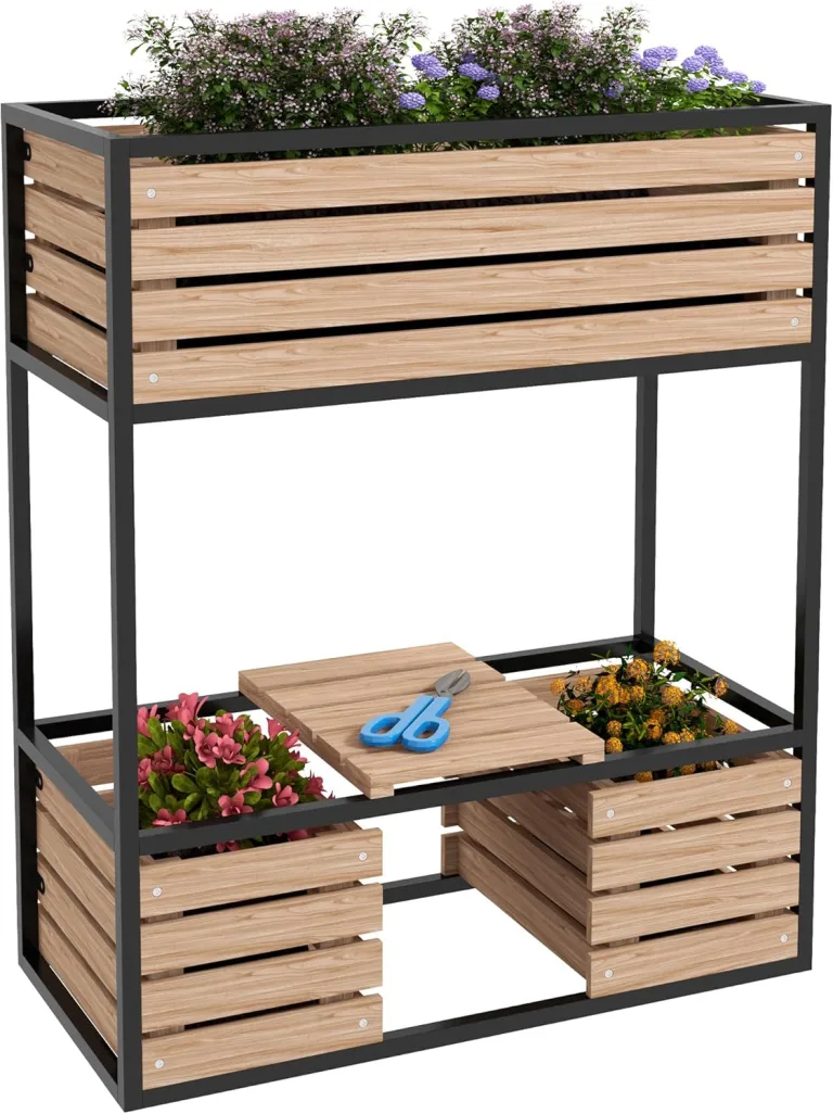 Outsunny Hochbeet aus Holz, 2-Stufiger Blumenkasten mit Ablage, Erhöhtes Gemüsebeet mit Innenvlies, Kräuterbeet für Garten, Balkon, Hellbraun, 83 x 39 x 100 cm – Bild 1