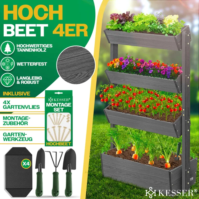 KESSER® Hochbeet mit 4 Etagen Premium Blumenkasten Blumentreppe Pflanztreppe Gemüsebeet Kräuterbeet Pflanzkübel Frühbeet Blumenbeet Pflanzkasten mit Gartenvlies - Beet inkl. Schaufelset, Anthrazit – Bild 2