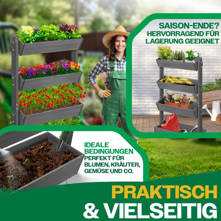 KESSER® Hochbeet mit 4 Etagen Premium Blumenkasten Blumentreppe Pflanztreppe Gemüsebeet Kräuterbeet Pflanzkübel Frühbeet Blumenbeet Pflanzkasten mit Gartenvlies - Beet inkl. Schaufelset, Anthrazit – Bild 4
