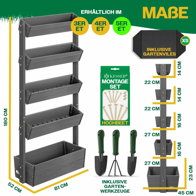 KESSER® Hochbeet mit 5 Etagen Premium Blumenkasten Blumentreppe Pflanztreppe Gemüsebeet Kräuterbeet Pflanzkübel Frühbeet Blumenbeet Pflanzkasten mit Gartenvlies - Beet inkl. Schaufelset, Anthrazit – Bild 3