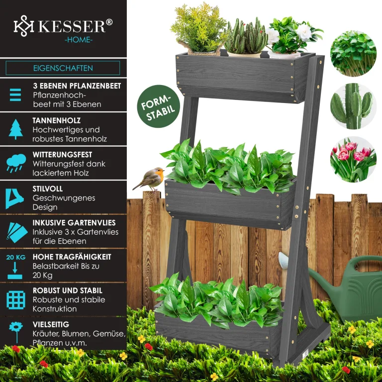 KESSER® Hochbeet mit 3 Etagen Premium Blumenkasten Blumentreppe Pflanztreppe Gemüsebeet Kräuterbeet Pflanzkübel Frühbeet Blumenbeet Pflanzkasten mit Gartenvlies - Beet inkl. Schaufelset, Anthrazit – Bild 2