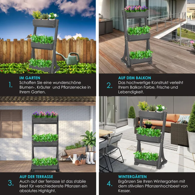 KESSER® Hochbeet mit 3 Etagen Premium Blumenkasten Blumentreppe Pflanztreppe Gemüsebeet Kräuterbeet Pflanzkübel Frühbeet Blumenbeet Pflanzkasten mit Gartenvlies - Beet inkl. Schaufelset, Anthrazit – Bild 3