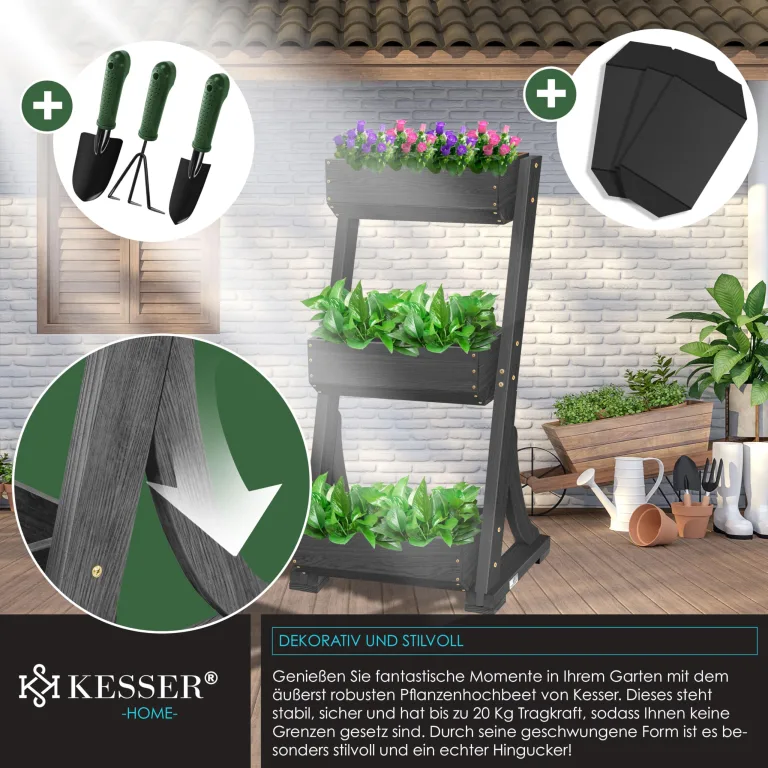 KESSER® Hochbeet mit 3 Etagen Premium Blumenkasten Blumentreppe Pflanztreppe Gemüsebeet Kräuterbeet Pflanzkübel Frühbeet Blumenbeet Pflanzkasten mit Gartenvlies - Beet inkl. Schaufelset, Anthrazit – Bild 4