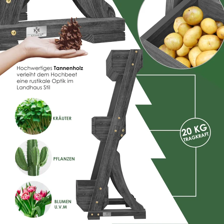 KESSER® Hochbeet mit 3 Etagen Premium Blumenkasten Blumentreppe Pflanztreppe Gemüsebeet Kräuterbeet Pflanzkübel Frühbeet Blumenbeet Pflanzkasten mit Gartenvlies - Beet inkl. Schaufelset, Anthrazit – Bild 6