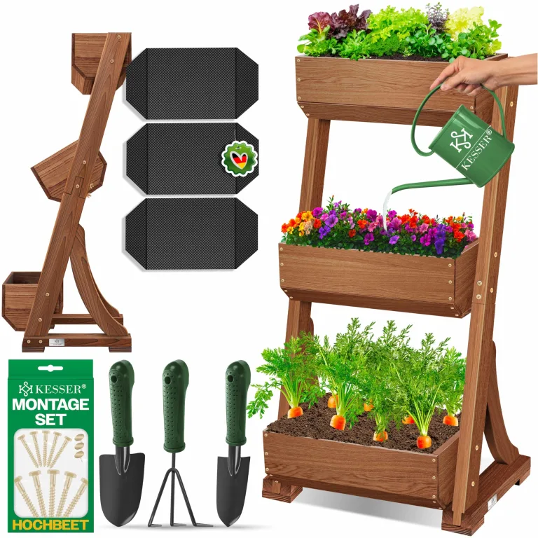 KESSER® Hochbeet mit 3 Etagen Premium Blumenkasten Blumentreppe Pflanztreppe Gemüsebeet Kräuterbeet Pflanzkübel Frühbeet Blumenbeet Pflanzkasten mit Gartenvlies - Beet inkl. Schaufelset, Anthrazit – Bild 8