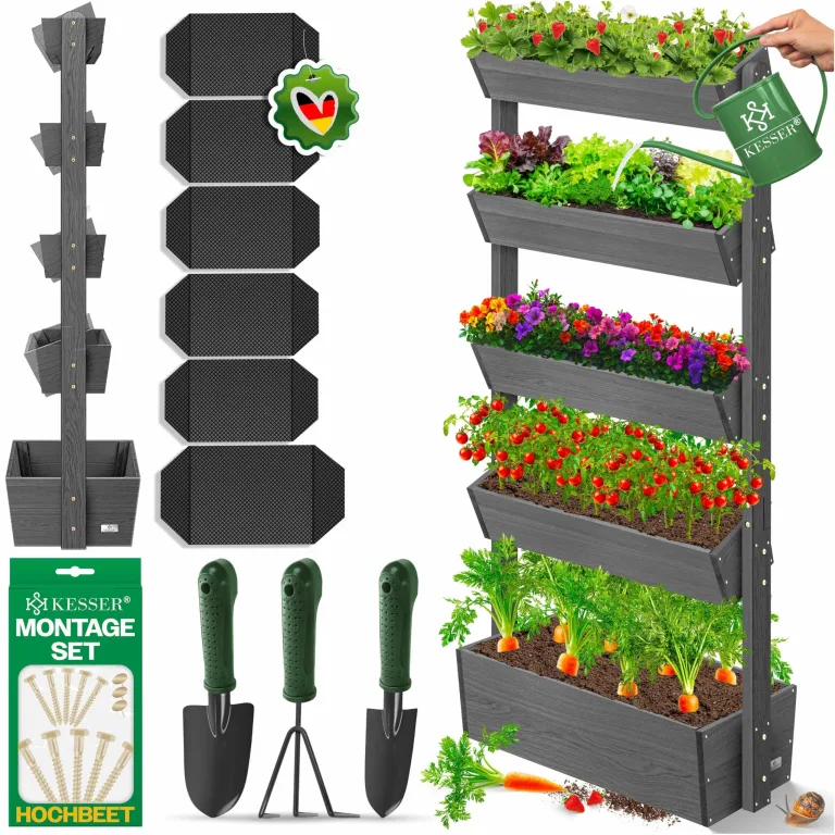 KESSER® Hochbeet mit 3 Etagen Premium Blumenkasten Blumentreppe Pflanztreppe Gemüsebeet Kräuterbeet Pflanzkübel Frühbeet Blumenbeet Pflanzkasten mit Gartenvlies - Beet inkl. Schaufelset, Anthrazit – Bild 10