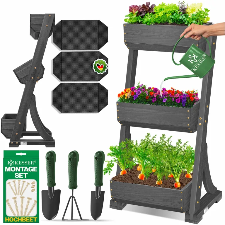 KESSER® Hochbeet mit 3 Etagen Premium Blumenkasten Blumentreppe Pflanztreppe Gemüsebeet Kräuterbeet Pflanzkübel Frühbeet Blumenbeet Pflanzkasten mit Gartenvlies - Beet inkl. Schaufelset, Anthrazit – Bild 1