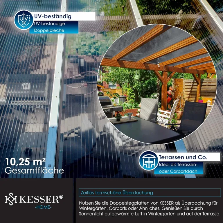 KESSER® 14x Polycarbonat Hohlkammerstegplatten 4mm | 10,25m² Doppelstegplatte - 60,5 x 121 | Stegplatten UV-beständig Für Gewächshaus Gartenbau Carports | 50xKlammern, 50xZ-Clips & 30xGewächshausclips – Bild 5