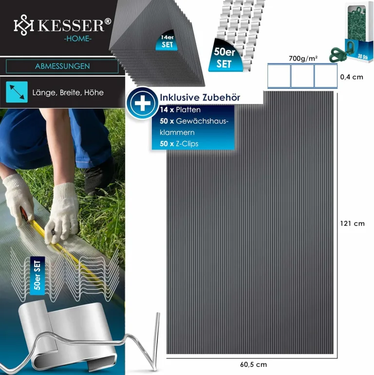 KESSER® 14x Polycarbonat Hohlkammerstegplatten 4mm | 10,25m² Doppelstegplatte - 60,5 x 121 | Stegplatten UV-beständig Für Gewächshaus Gartenbau Carports | 50xKlammern, 50xZ-Clips & 30xGewächshausclips – Bild 8