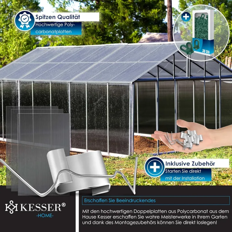 KESSER® 14x Polycarbonat Hohlkammerstegplatten 4mm | 10,25m² Doppelstegplatte - 60,5 x 121 | Stegplatten UV-beständig Für Gewächshaus Gartenbau Carports | 50xKlammern, 50xZ-Clips & 30xGewächshausclips – Bild 9