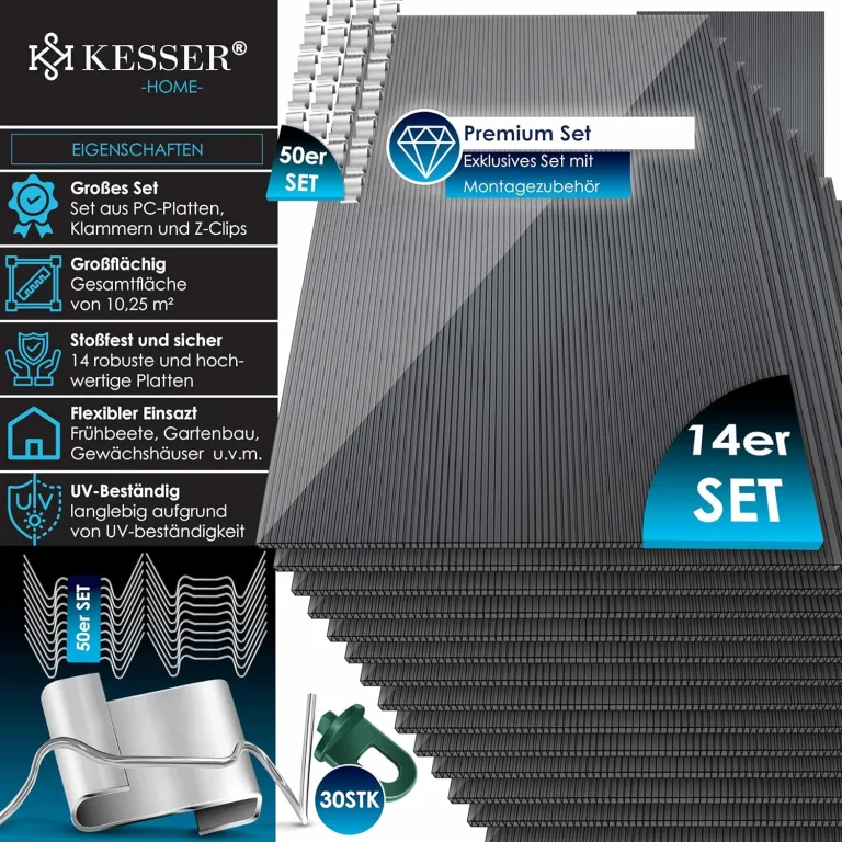 KESSER® 14x Polycarbonat Hohlkammerstegplatten 4mm | 10,25m² Doppelstegplatte - 60,5 x 121 | Stegplatten UV-beständig Für Gewächshaus Gartenbau Carports | 50xKlammern, 50xZ-Clips & 30xGewächshausclips – Bild 3