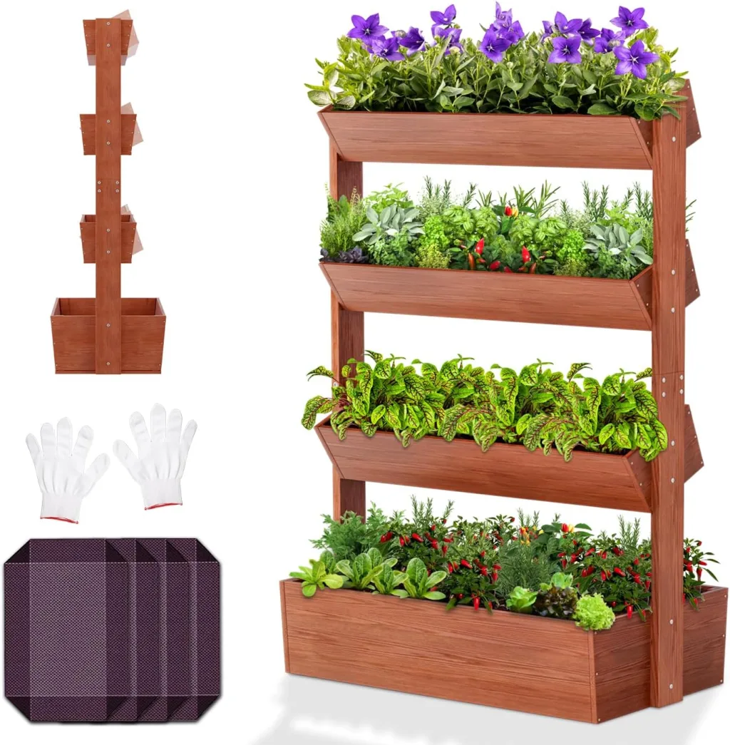 SUNYRISY Holz Hochbeet Premium Blumenkasten Balkon, 4 Etagen Outdoor Blumentreppe Pflanztreppen Gemüsebeet Kräuterbeet Mit Etagen, Balkon Garten Terrasse Dekoration