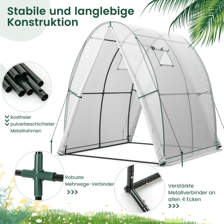 COSTWAY Foliengewächshaus Gewächshaus, Treibhaus mit Allwetter-PE-Abdeckung, Rolltür und Fenster, Tomatengewächshaus Tomatenhaus, Pflanzenhaus für Tomaten & Topfpflanzen (181x181x200 cm, Weiß) – Bild 4