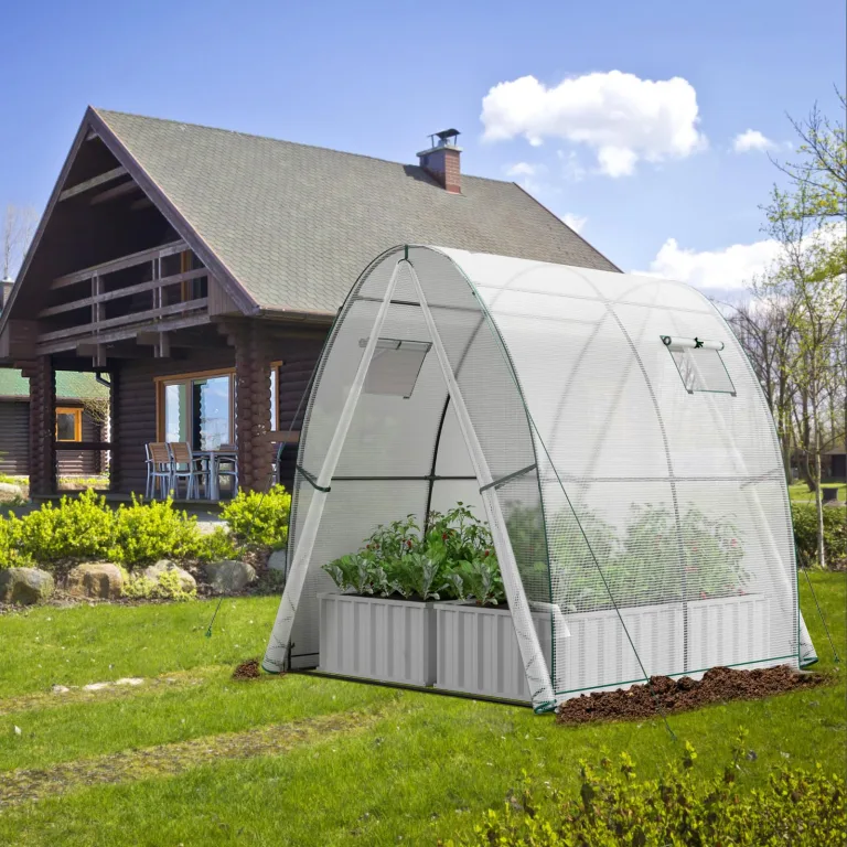 COSTWAY Foliengewächshaus Gewächshaus, Treibhaus mit Allwetter-PE-Abdeckung, Rolltür und Fenster, Tomatengewächshaus Tomatenhaus, Pflanzenhaus für Tomaten & Topfpflanzen (181x181x200 cm, Weiß) – Bild 9