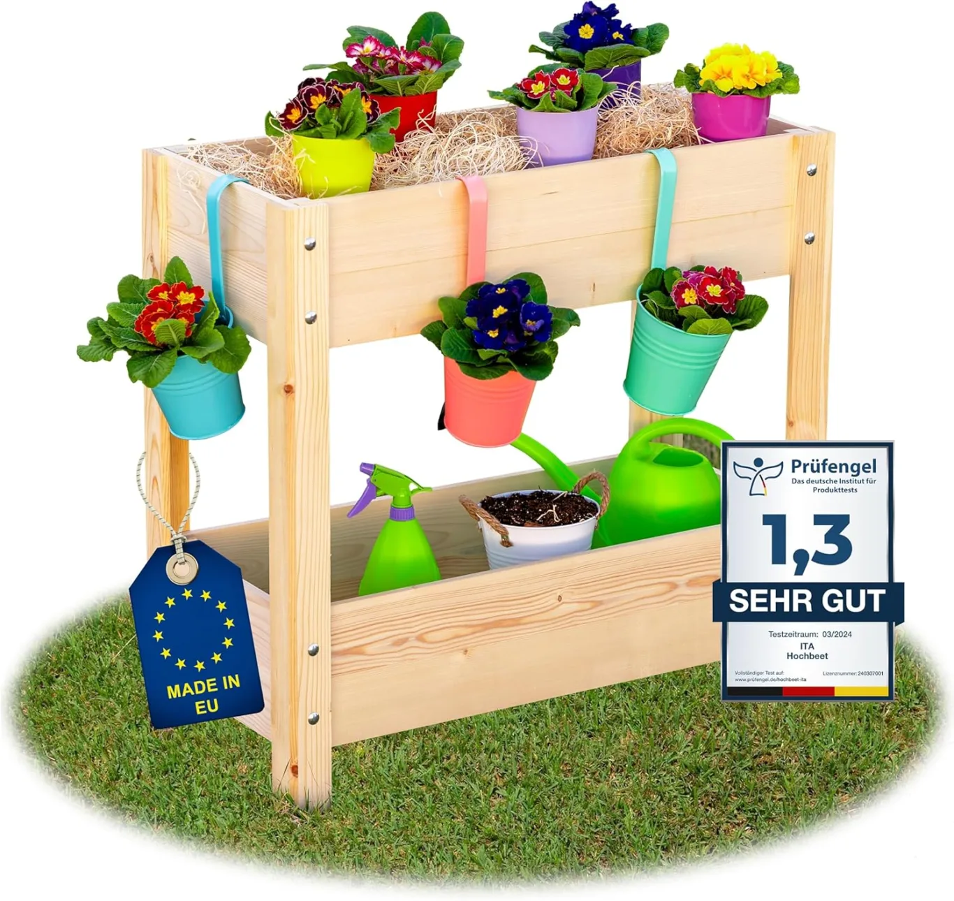 ITA Hochbeet aus Holz 80x37x78 cm - Pflanzkasten mit 2 Ebenen & Innenfolie - Made in EU - Direkt vom Hersteller - FSC Kiefernholz - Pflanzbeet Blumenkasten für Garten Balkon Terrasse - Natur - Bild 1