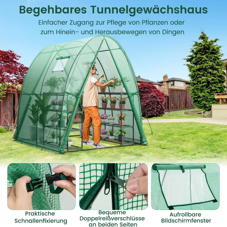 RELAX4LIFE Foliengewächshaus 181 x 181 x 200cm, Gewächshaus PE-Abdeckung Metallrahmen, Treibhaus mit 2 Fenstern Rolltür Seitentaschen, Pflanzenhaus für Gemüse Obst Blumen (Grün) – Bild 2