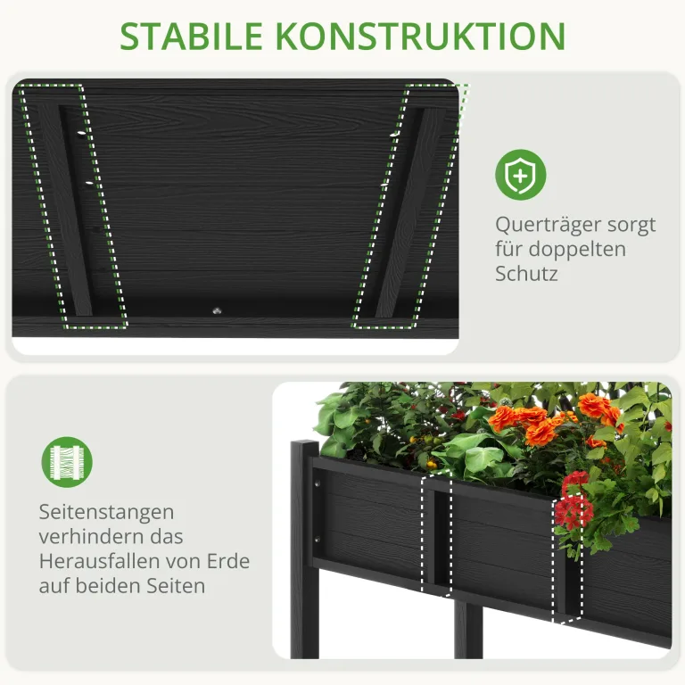 LUE BONA Hochbeet mit Werkzeugen, 113 x 45 x 73cm, HDPS - Hochbeetkasten mit Beinen und Ablagefach, wetterbeständig, 3 Jahre Garantie, für Kraut - & Gemüseanbau, Garten, Balkon, schwarz – Bild 4
