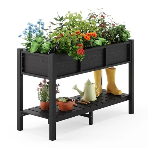 LUE BONA Hochbeet mit Werkzeugen, 113 x 45 x 73cm, HDPS - Hochbeetkasten mit Beinen und Ablagefach, wetterbeständig, 3 Jahre Garantie, für Kraut - & Gemüseanbau, Garten, Balkon, schwarz – Bild 10