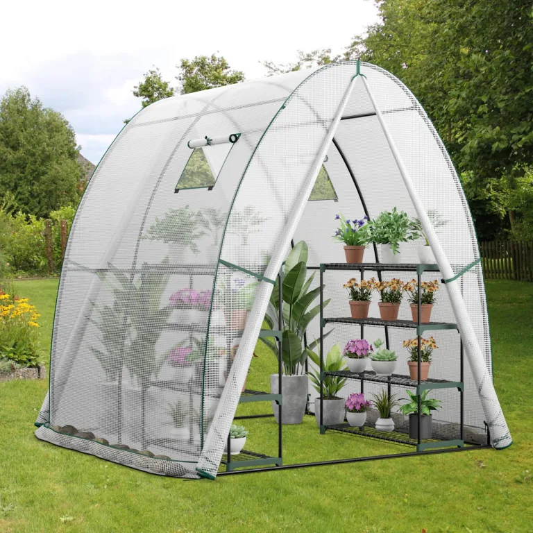 GOPLUS Gewächshaus, Tomatengewächshaus mit PE-Abdeckung & Metallrahmen, begehbares Foliengewächshaus mit Aufrollfenster & Aufrolltor, Treibhaus für Blumen, Pflanzen, 181 x 181 x 200 cm (Transparent) – Bild 7