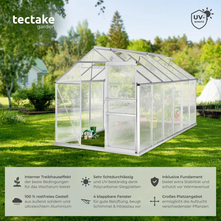 tectake® Aluminium Gewächshaus, 375x185x195 cm, Treibhaus, Tomatenhaus, Frühbeet, Pflanzenhaus, UV beständig, 4 mm Platte, Schiebetür & Dachfenster, Schütz vor Kälte, Regen und Frost - mit Fundament – Bild 2