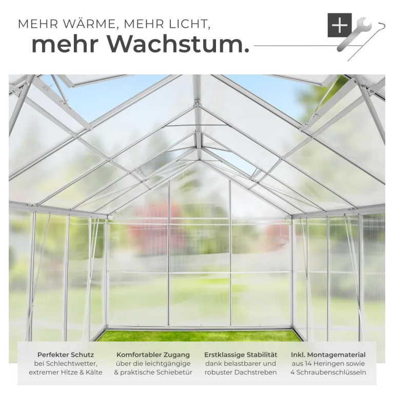 tectake® Aluminium Gewächshaus, 375x185x195 cm, Treibhaus, Tomatenhaus, Frühbeet, Pflanzenhaus, UV beständig, 4 mm Platte, Schiebetür & Dachfenster, Schütz vor Kälte, Regen und Frost - mit Fundament – Bild 3