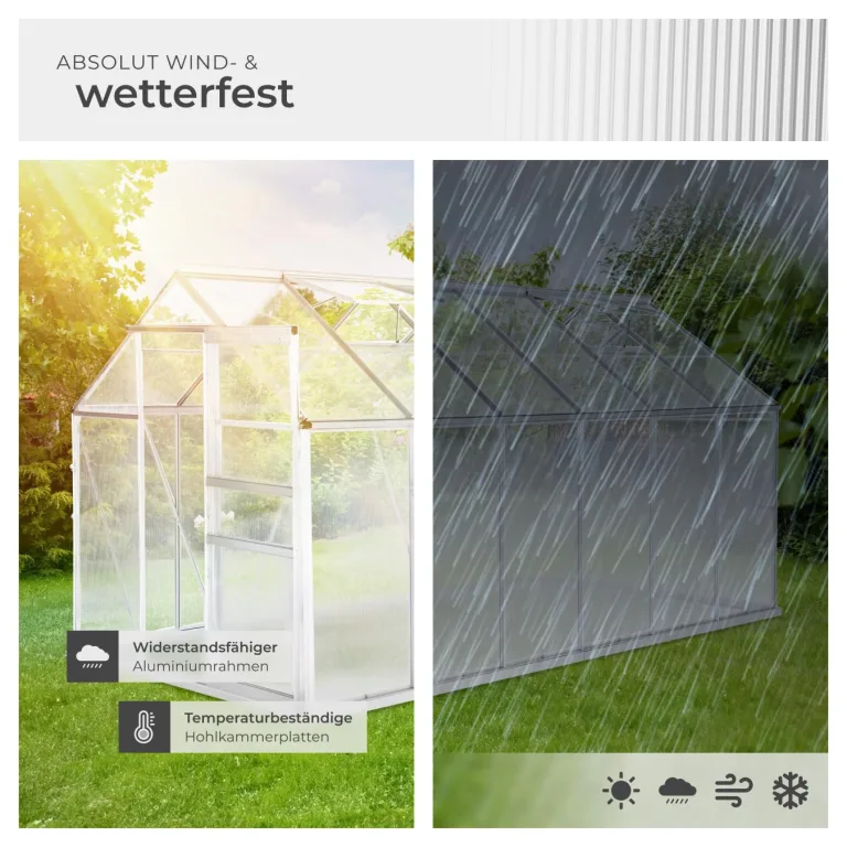tectake® Aluminium Gewächshaus, 375x185x195 cm, Treibhaus, Tomatenhaus, Frühbeet, Pflanzenhaus, UV beständig, 4 mm Platte, Schiebetür & Dachfenster, Schütz vor Kälte, Regen und Frost - mit Fundament – Bild 5
