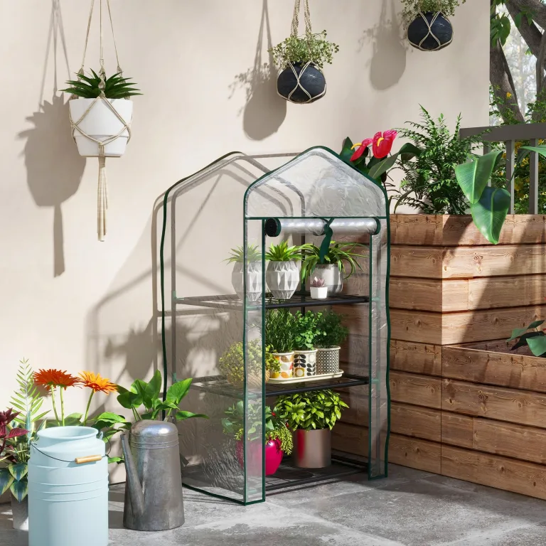 Outsunny Gartengewächshaus Balkongewächshaus Regal Gewächshaus 3 Ebenen ABM. 59L x 39l x 127H cm pulverbeschichtetes Metall Transparent Grün – Bild 2