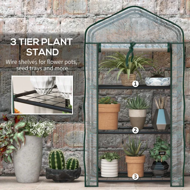 Outsunny Gartengewächshaus Balkongewächshaus Regal Gewächshaus 3 Ebenen ABM. 59L x 39l x 127H cm pulverbeschichtetes Metall Transparent Grün – Bild 4