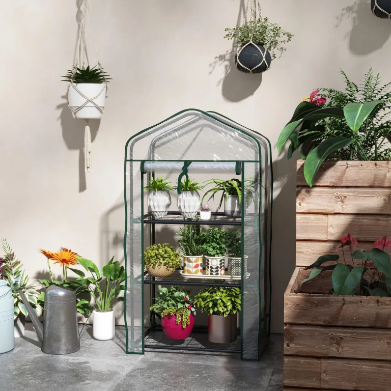 Outsunny Gartengewächshaus Balkongewächshaus Regal Gewächshaus 3 Ebenen ABM. 59L x 39l x 127H cm pulverbeschichtetes Metall Transparent Grün – Bild 7