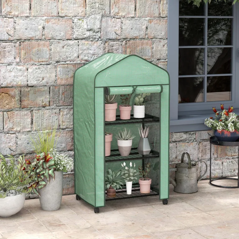 Outsunny Garten-Gewächshaus aus Polyethylen mit Regalen, 3 Ebenen, Balkongewächshaus, Polyethylen-Plane, Gestell aus Stahl, Tür mit Reißverschluss, aufrollbar, für Gemüse, Pflanzen, Blumen, 69 x 49 x – Bild 2