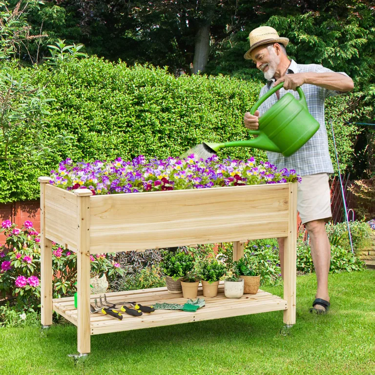 HOMASIS Hochbeet aus Holz, Gartenbeet mit Rollen & Ablage, Blumenkasten für Garten Balkon Terrasse, Pflanzbeet mit Abflusslöcher & Innenvlies, Gemüsebeet Blumenbeet, 120 x 59 x 84 cm – Bild 2