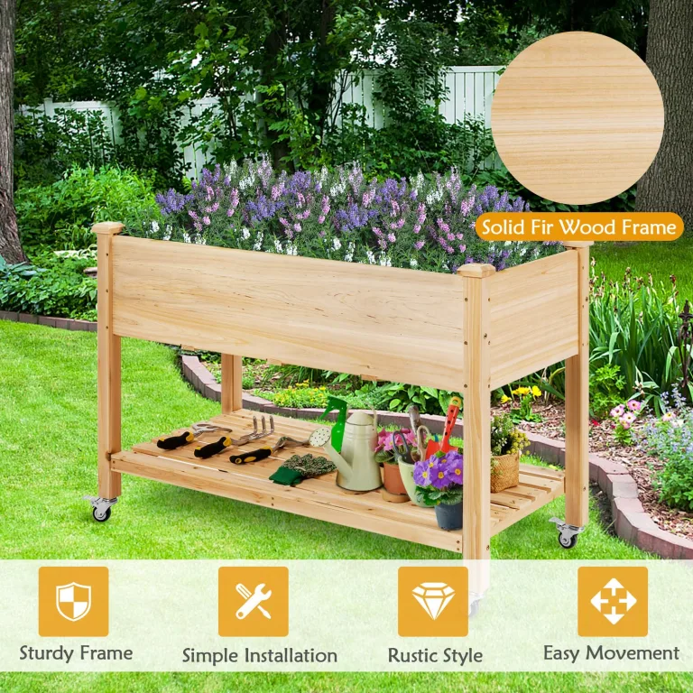 HOMASIS Hochbeet aus Holz, Gartenbeet mit Rollen & Ablage, Blumenkasten für Garten Balkon Terrasse, Pflanzbeet mit Abflusslöcher & Innenvlies, Gemüsebeet Blumenbeet, 120 x 59 x 84 cm – Bild 7