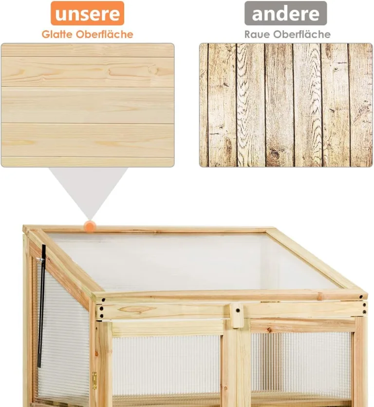 COSTWAY 3 Etagen Frühbeet Holz, Hochbeet wetterfest, Gewächshaus mit 2 Türen & Deckel, Polycarbonat-Fenster, Pflanzenbeet Aufzuchtschrank Treibhaus, für Garten Balkon, 60 x 45 x 100 cm, Natur – Bild 4