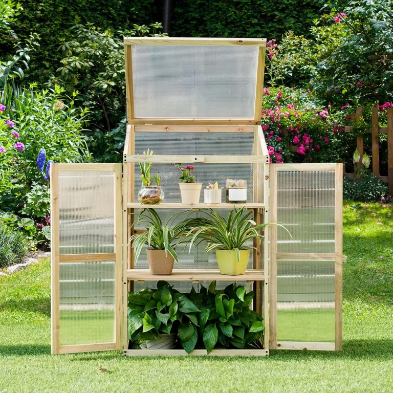 HOMASIS Gewächshaus mit 3 Ablagen, Anlehngewächshaus Tomaten mit 2 Türen & Oberlicht, Holz Frühbeet Pflanzenhaus Winterfest klein, 60x45x100cm, Teibhaus Gartenhaus für Garten & Balkon, Transparent – Bild 2