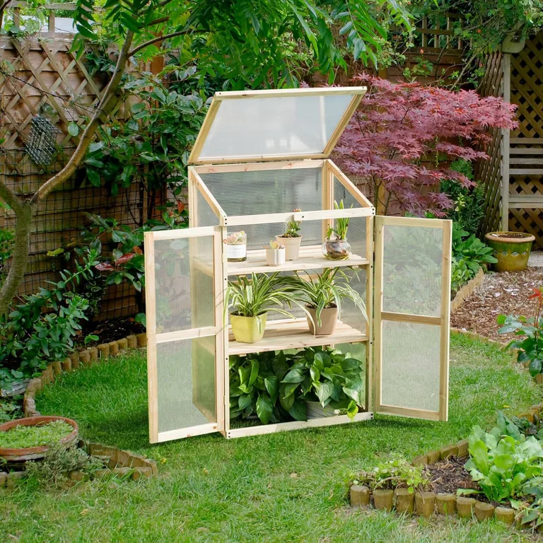 HOMASIS Gewächshaus mit 3 Ablagen, Anlehngewächshaus Tomaten mit 2 Türen & Oberlicht, Holz Frühbeet Pflanzenhaus Winterfest klein, 60x45x100cm, Teibhaus Gartenhaus für Garten & Balkon, Transparent – Bild 7