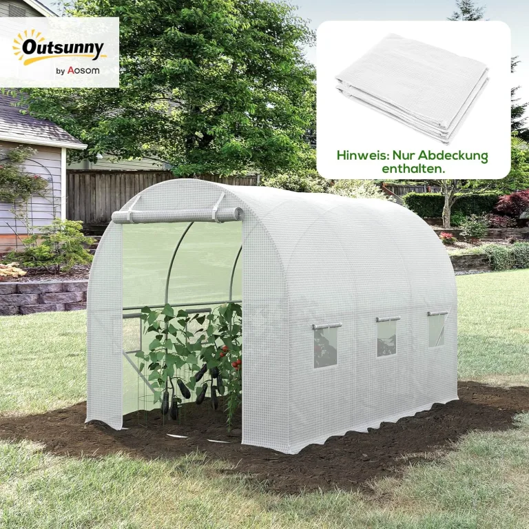 Outsunny Gewächshausfolie 3 x 2 m, wasserdicht Polyethylenfolie mit Rolltür, 6 Fenster, UV Schutz, Reißfest Gartenfolie Abdeckplane für Folientunnel Gartenarbeit, Tunnelfolie für Außenbereich Weiß – Bild 2