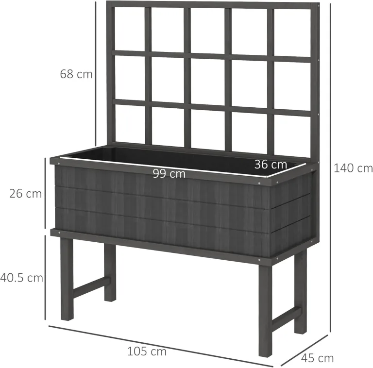 Outsunny Hochbeet aus Holz mit Rankgitter für Kletterpflanzen, Hochbeet mit Drainagelöchern und Beeteinlage für Gemüse, Blumen, Kräuter, 105 x 45 x 140 cm, Grau – Bild 7
