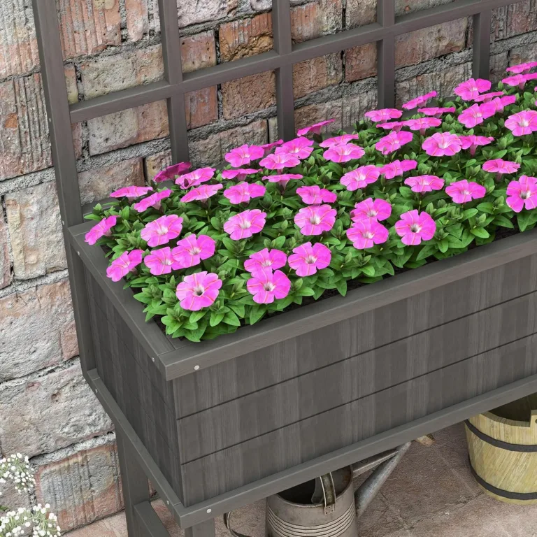Outsunny Hochbeet aus Holz mit Rankgitter für Kletterpflanzen, Hochbeet mit Drainagelöchern und Beeteinlage für Gemüse, Blumen, Kräuter, 105 x 45 x 140 cm, Grau – Bild 8