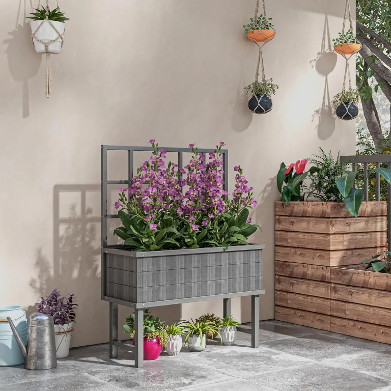 Outsunny Hochbeet aus Holz mit Rankgitter für Kletterpflanzen, Hochbeet mit Drainagelöchern und Beeteinlage für Gemüse, Blumen, Kräuter, 105 x 45 x 140 cm, Grau – Bild 2
