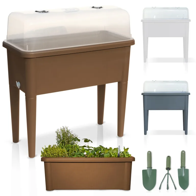 Onbest Hochbeet/Frühbeet – mit Abdeckhaube/Wasseranzeige – aus robustem Kunststoff – ideal für Garten/Terrasse/Balkon – Kräuterhochbeet zur Anzucht – Pflanzkasten inkl. Gartenwerkzeug (Weiß) – Bild 9