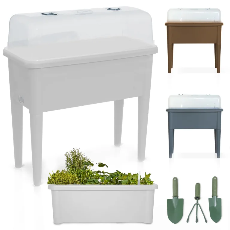 Onbest Hochbeet/Frühbeet – mit Abdeckhaube/Wasseranzeige – aus robustem Kunststoff – ideal für Garten/Terrasse/Balkon – Kräuterhochbeet zur Anzucht – Pflanzkasten inkl. Gartenwerkzeug (Weiß) – Bild 1