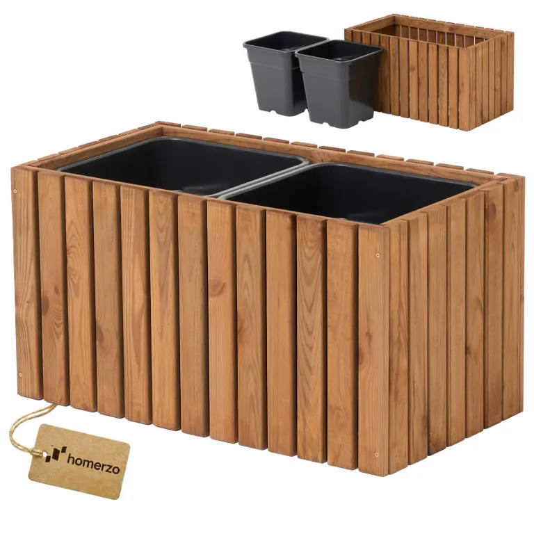 Pflanzkübel Holz – imprägniert wetterfest – mit herausnehmbarem Kunststoffeinsatz – Hochbeet Blumenkasten für Balkon Garten Terrasse (Vertikal-braun 67x36 H35 cm) – Bild 1