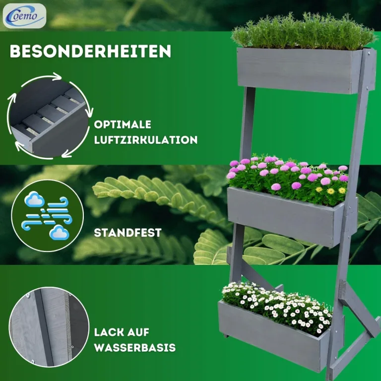 Vertikalbeet Petra Hochbeet Holz 3 Etagen Blumentreppe Kräuterbeet Frühbeet Pflanzkasten inkl. Gartenvlies - Stufenbeet 66 x 49 x 140 cm für Terrasse Balkon & Wintergarten – Bild 4