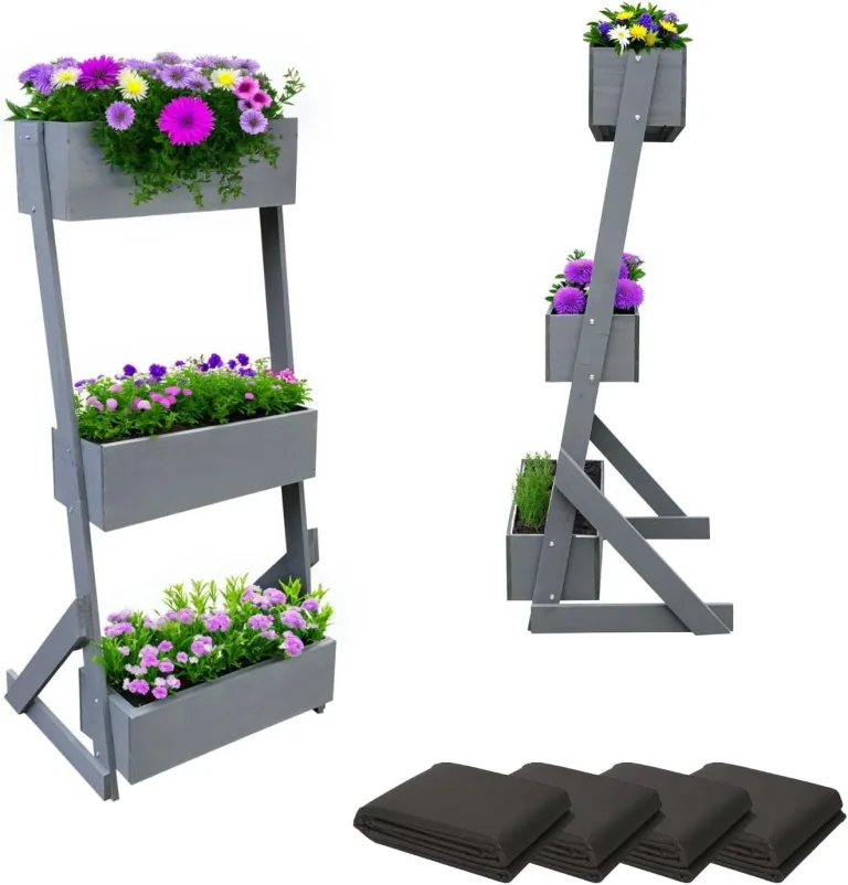 Vertikalbeet Petra Hochbeet Holz 3 Etagen Blumentreppe Kräuterbeet Frühbeet Pflanzkasten inkl. Gartenvlies - Stufenbeet 66 x 49 x 140 cm für Terrasse Balkon & Wintergarten – Bild 1