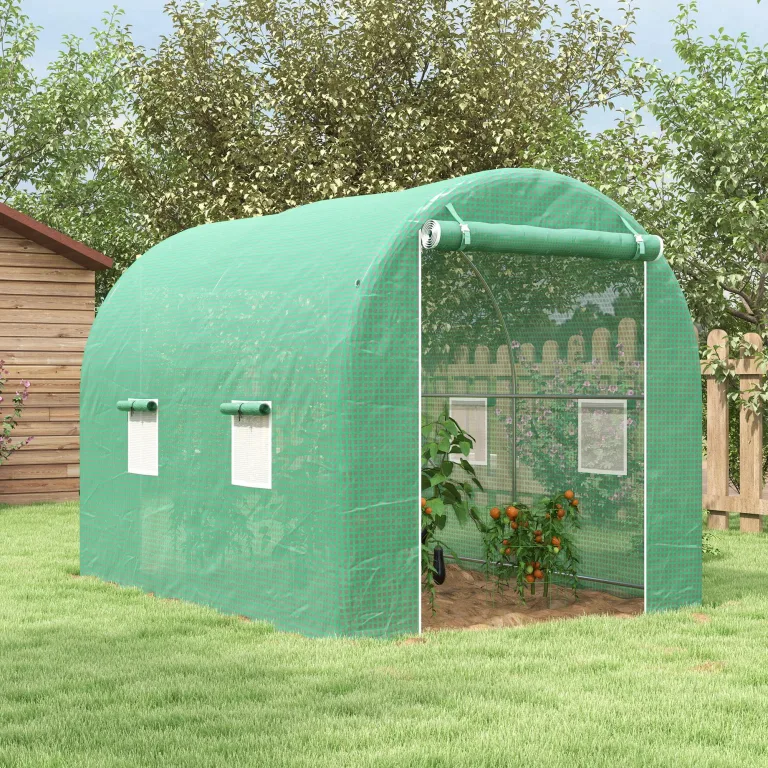 Outsunny Gewächshaus, Tunnel, Bodenfläche, 6 m², 3 x 2 x 2,10 m, verstärktes Rohrgestell, Tür mit Reißverschluss, 4 aufrollbare Fenster, Grün – Bild 2