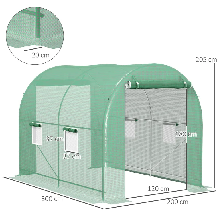Outsunny Gewächshaus, Tunnel, Bodenfläche, 6 m², 3 x 2 x 2,10 m, verstärktes Rohrgestell, Tür mit Reißverschluss, 4 aufrollbare Fenster, Grün – Bild 7