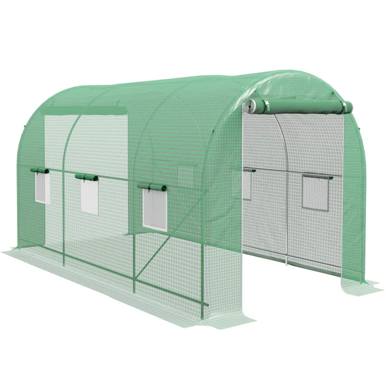 Outsunny Gewächshaus, Tunnel, Bodenfläche, 6 m², 3 x 2 x 2,10 m, verstärktes Rohrgestell, Tür mit Reißverschluss, 4 aufrollbare Fenster, Grün – Bild 10