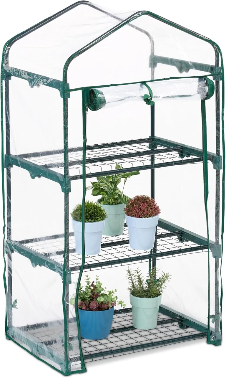 Relaxdays Balkon Gewächshaus, PVC-Folie, Stahl, HxBxT: 122 x 64 x 45 cm, Foliengewächshaus 3 Etagen, grün/transparent – Bild 1