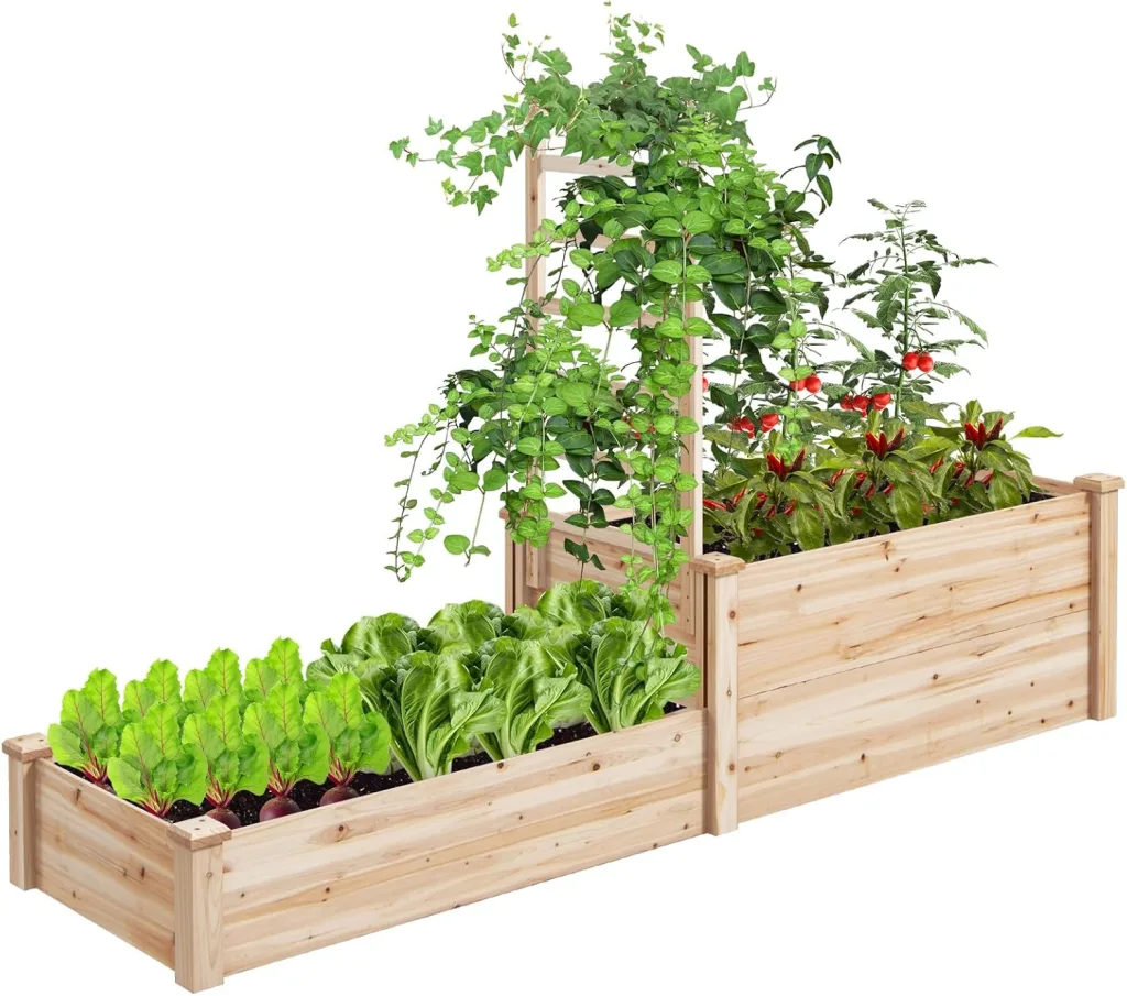 GOPLUS Blumenkasten mit Rankgitter, Hochbeet mit Spalier, Pflanzkasten mit offenem Boden, Gartenspalier aus Tannenholz, Kräuterbeet Gartenbeet für Hof, Terrasse (223 x 64 x 134 cm)